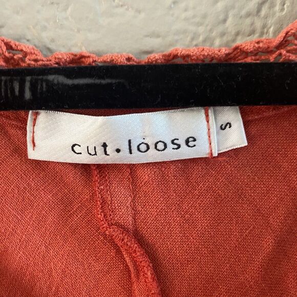 Cut Loose Dress Womens Small Orange Linen A-Line Midi V-Neck Lagenlook Crochet - Picture 4 of 9